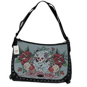 Ed Hardy Hobo bag Love Kills Slowly skull denim insert rhinestones NWT